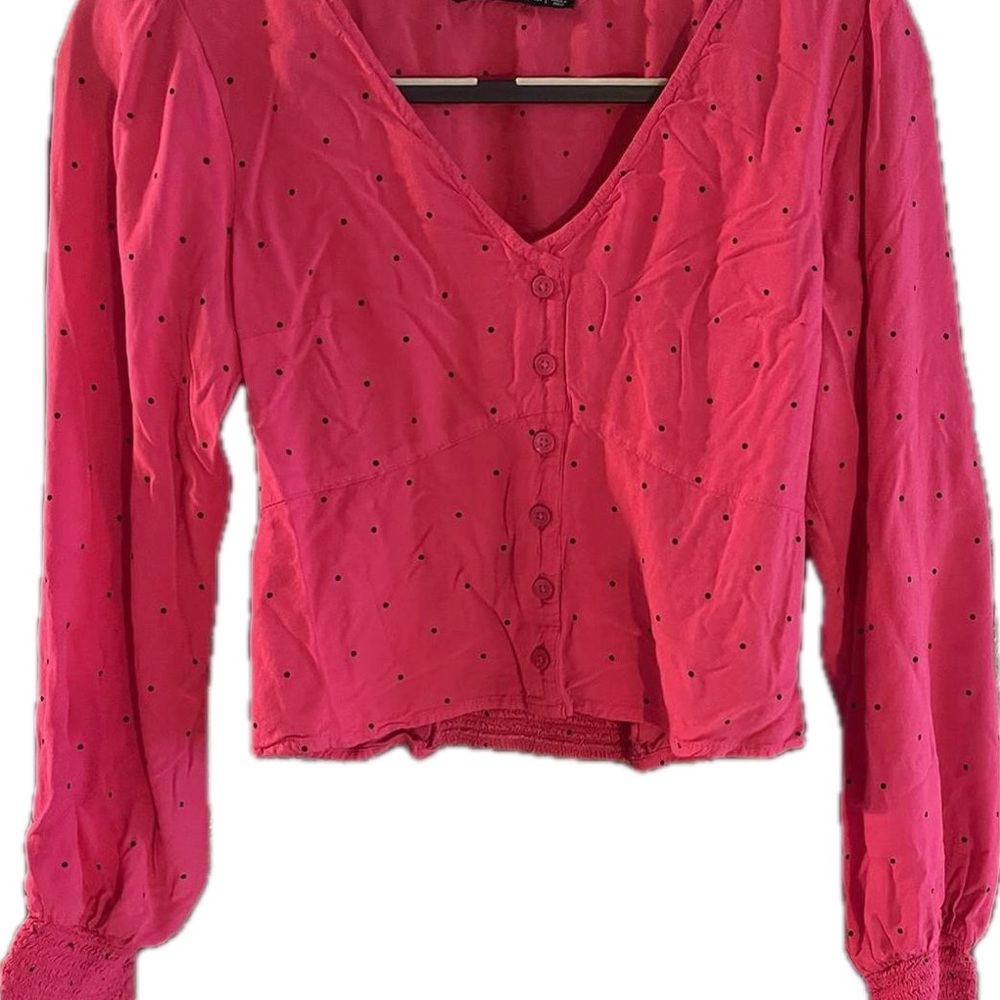 Abercombie and Fitch Pink and Black Polka Dot Blouse Long Sleeve Top - M